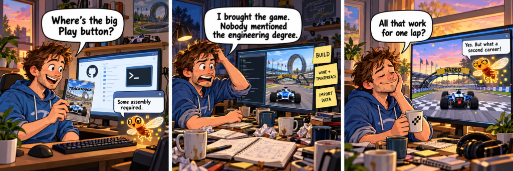 A gamer looks for a Play button, struggles through setup with coffee and notes, then watches a digital fruit fly celebrate a completed race.