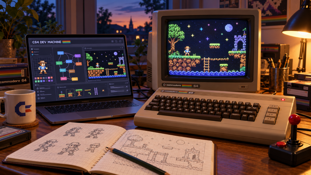 Commodore 64 and CRT displaying a platform game beside a laptop with visual programming nodes, a joystick and handwritten game sketches.