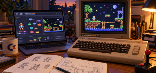 Commodore 64 and CRT displaying a platform game beside a laptop with visual programming nodes, a joystick and handwritten game sketches.