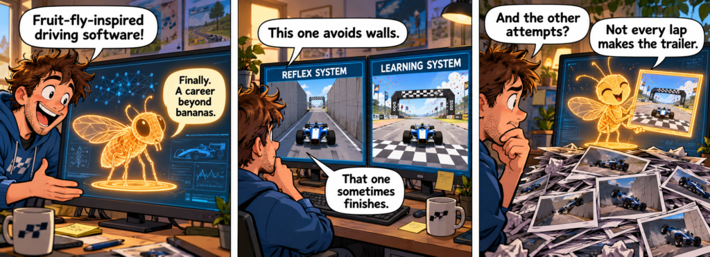 A programmer introduces a digital fruit fly, compares two driving systems, then questions its winning lap photo beside a pile of failed attempts.
