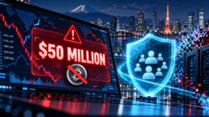 Trading screen showing a $50 million alert and crossed-out cryptocurrency symbol beside a blue customer shield, with Tokyo’s skyline behind.