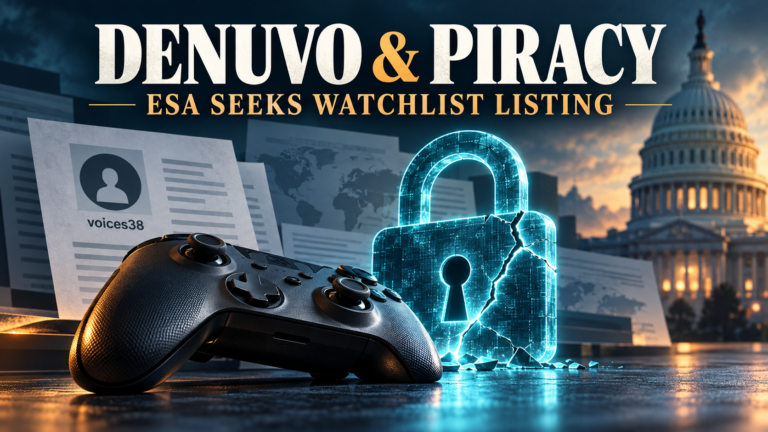 Game controller beside a cracked, glowing padlock, documents labelled voices38 and the U.S. Capitol, beneath a headline about the ESA’s watchlist request.
