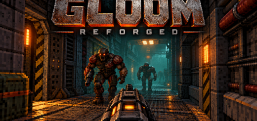 Gloom Reforged title above a first-person weapon facing two armoured enemies in a dark industrial corridor lit in amber and teal.
