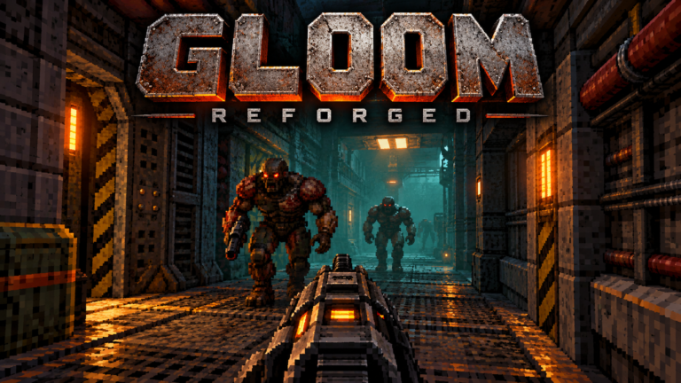 Gloom Reforged title above a first-person weapon facing two armoured enemies in a dark industrial corridor lit in amber and teal.