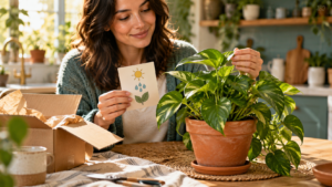 Woman holding an illustrated plant-care card while examining a leafy houseplant beside an open delivery box in a sunlit kitchen.