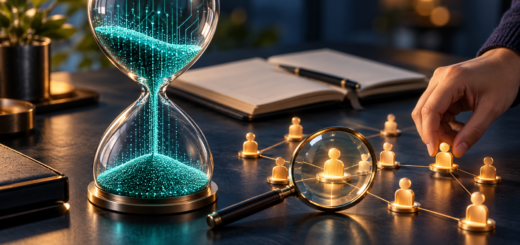 Glowing teal hourglass beside a magnifying glass and connected golden customer figures, with a hand adjusting one figure on a desk.