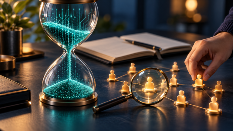 Glowing teal hourglass beside a magnifying glass and connected golden customer figures, with a hand adjusting one figure on a desk.