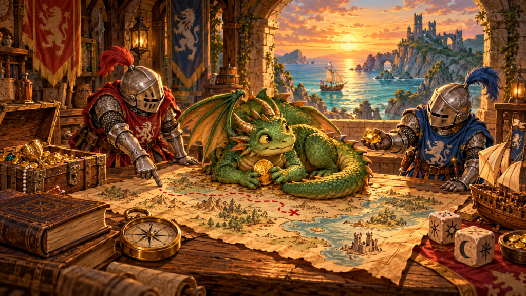 Two knights study a treasure map occupied by a green dragon, with a sailing ship and coastal castle beyond the archway.
