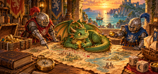 Two knights study a treasure map occupied by a green dragon, with a sailing ship and coastal castle beyond the archway.