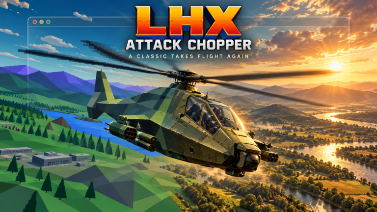 Attack helicopter flying over a landscape transitioning from simple polygon graphics to detailed sunlit terrain, beneath the LHX: Attack Chopper title.