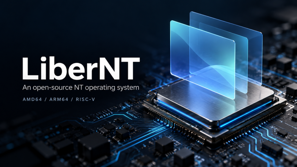 LiberNT name beside blue glass panels floating above a processor, with AMD64, ARM64 and RISC-V labels.