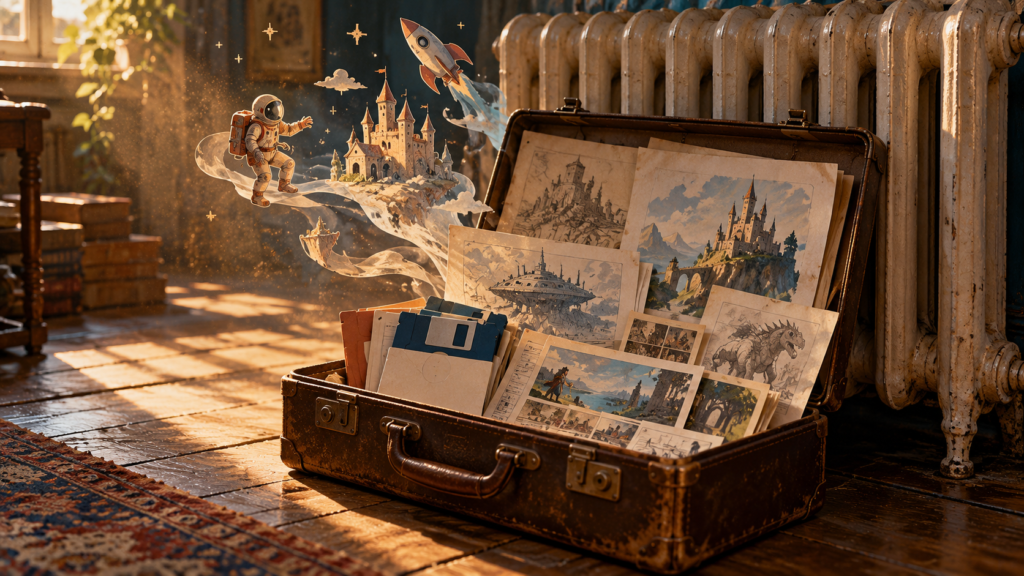 An open briefcase of floppy disks and game sketches beside a radiator, with a miniature astronaut, rocket and castle floating above.