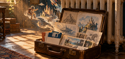 An open briefcase of floppy disks and game sketches beside a radiator, with a miniature astronaut, rocket and castle floating above.