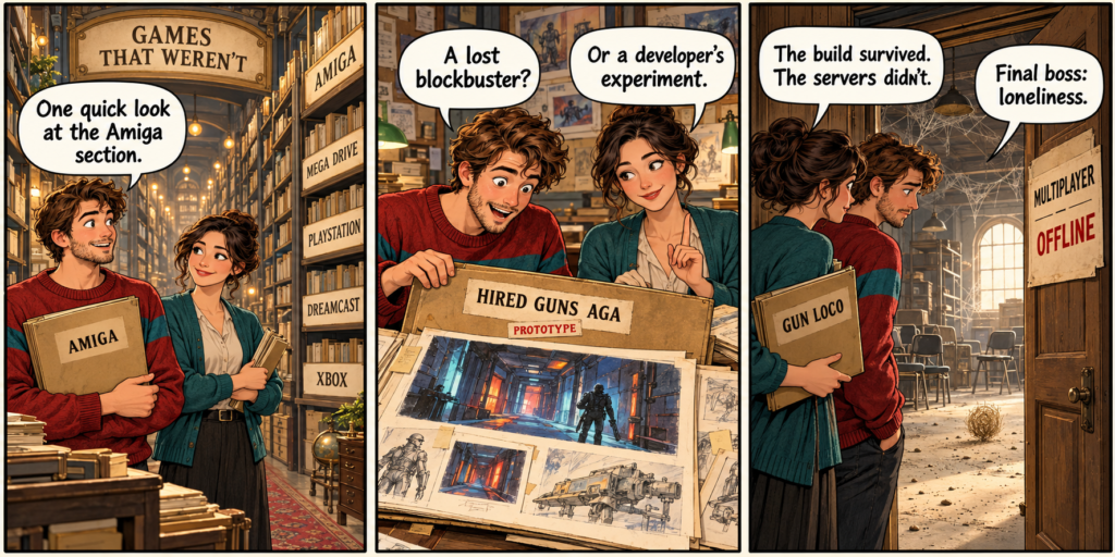 Three-panel comic showing a reader exploring a game archive, examining Hired Guns AGA and finding Gun Loco’s multiplayer room deserted.