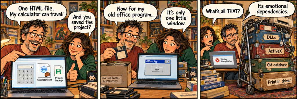 Three-panel comic: a programmer exports a calculator, then discovers his old office app needs a mountain of components, jokingly called “emotional dependencies”.