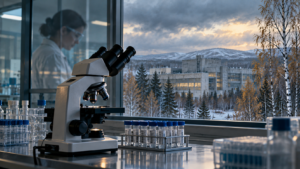 Microscope and sealed sample tubes on a laboratory bench, with a researcher and a snowy research complex in the background.