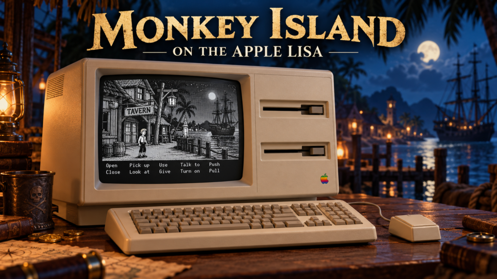 Illustrated Apple Lisa displaying a monochrome pirate adventure, with a moonlit harbour behind it and the heading Monkey Island on the Apple Lisa.