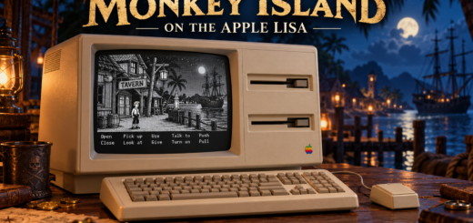 Illustrated Apple Lisa displaying a monochrome pirate adventure, with a moonlit harbour behind it and the heading Monkey Island on the Apple Lisa.