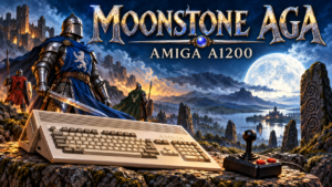 Amiga A1200 and joystick beneath armoured knights, standing stones and a full moon, with Moonstone AGA lettering above.