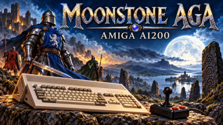 Amiga A1200 and joystick beneath armoured knights, standing stones and a full moon, with Moonstone AGA lettering above.