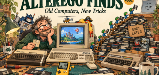 A smiling collector sits among Amiga, Atari and Commodore computers while lemmings climb a mountain of floppy disks towards an unimpressed laptop.