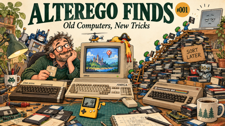 A smiling collector sits among Amiga, Atari and Commodore computers while lemmings climb a mountain of floppy disks towards an unimpressed laptop.
