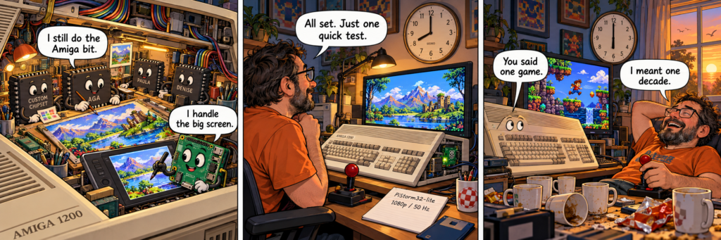 Three-panel comic showing Amiga chips working with a Raspberry Pi, followed by an owner whose quick gaming test lasts until sunrise.