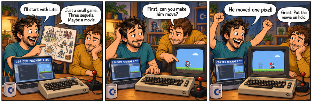 Three-panel comic showing an ambitious C64 developer planning a game franchise, then celebrating his knight’s first movement while a friend postpones the movie.