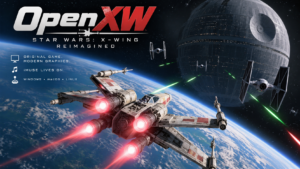 OpenXW artwork showing an X-wing battling TIE fighters above a planet, with the Death Star in the background.