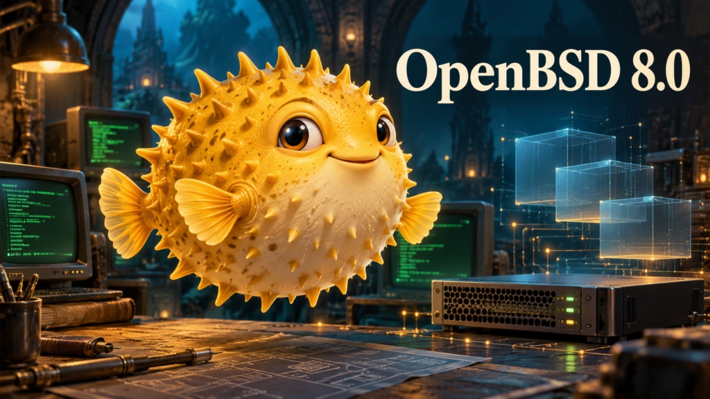 Golden pufferfish beside vintage terminals and a server with floating translucent cubes, beneath the words “OpenBSD 8.0”.