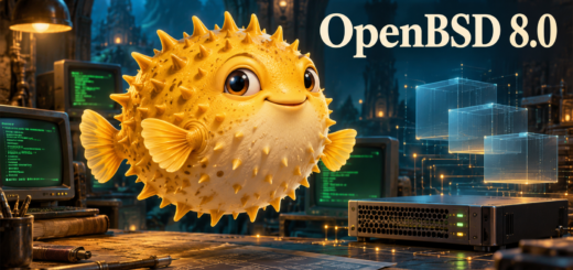 Golden pufferfish beside vintage terminals and a server with floating translucent cubes, beneath the words “OpenBSD 8.0”.