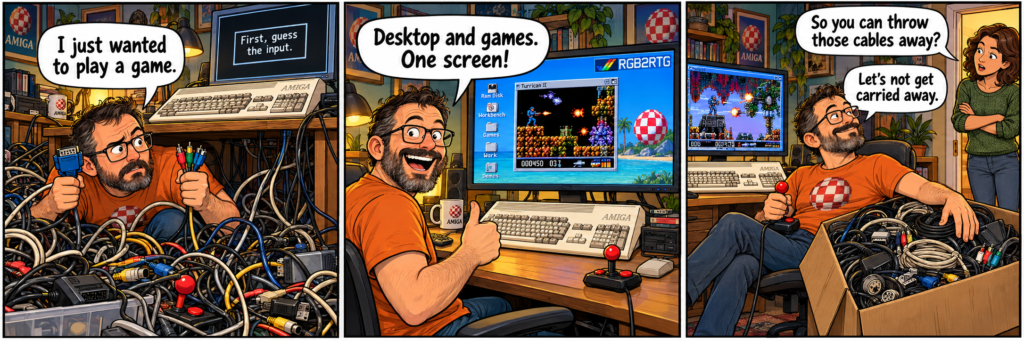 Three-panel comic showing an Amiga owner escaping cable chaos with RGB2RTG, then refusing to discard his box of spare cables.