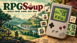Classic Game Boy showing a pixel-art dragon battle, surrounded by RPG item cards beside a fantasy landscape under the RPGSoup title.