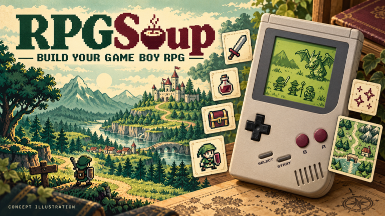Classic Game Boy showing a pixel-art dragon battle, surrounded by RPG item cards beside a fantasy landscape under the RPGSoup title.