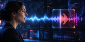 Woman speaking toward a blue audio waveform that turns red inside an analysis panel, with a digital face behind it.