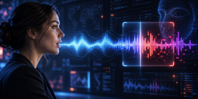 Woman speaking toward a blue audio waveform that turns red inside an analysis panel, with a digital face behind it.