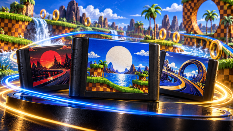 Three black game cartridges surrounded by glowing trails, with checkerboard hills, waterfalls, golden rings and a giant loop behind them.