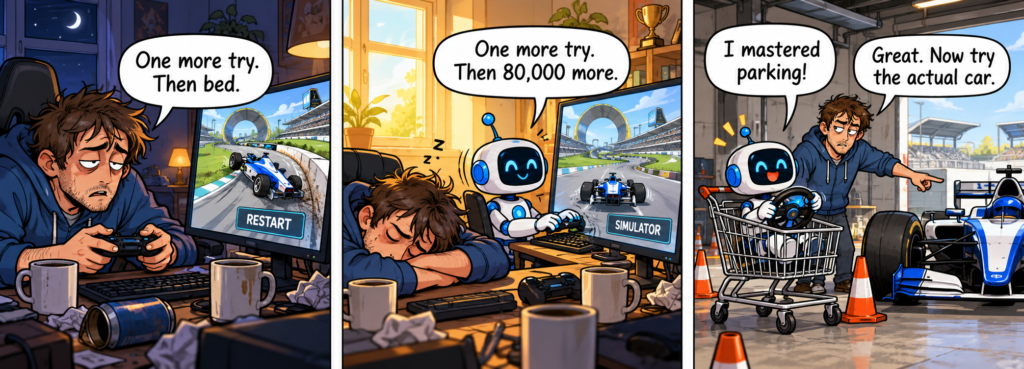 A gamer promises one last attempt, a robot continues while he sleeps, then boasts about parking a shopping trolley as the gamer points to a racing car.