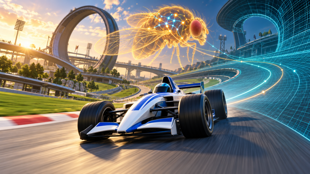 Blue-and-white racing car on a Stadium circuit transitioning into cyan wireframe, beneath a glowing fruit-fly neural overlay.