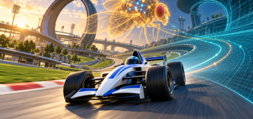Blue-and-white racing car on a Stadium circuit transitioning into cyan wireframe, beneath a glowing fruit-fly neural overlay.