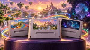 Three grey SNES-style cartridges on a purple pedestal, surrounded by glowing trails, with a castle, floating islands and rainbow racetrack behind them.
