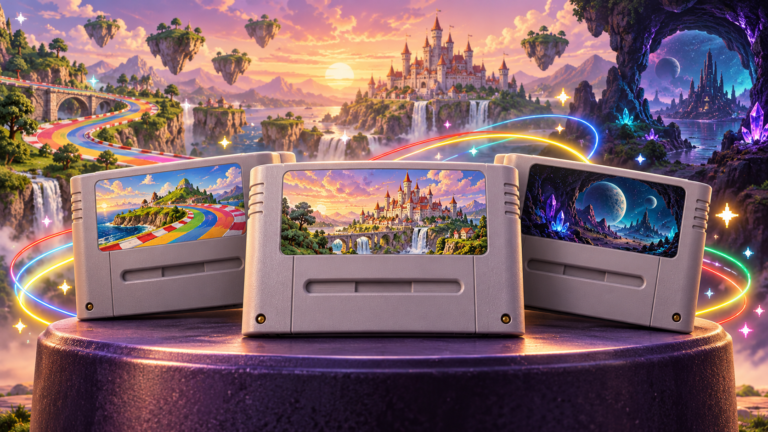 Three grey SNES-style cartridges on a purple pedestal, surrounded by glowing trails, with a castle, floating islands and rainbow racetrack behind them.