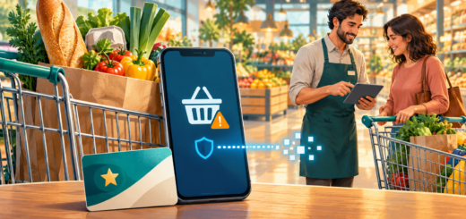 Illustrated supermarket scene with groceries, a loyalty card and a phone showing a shopping warning, while an employee helps a customer.