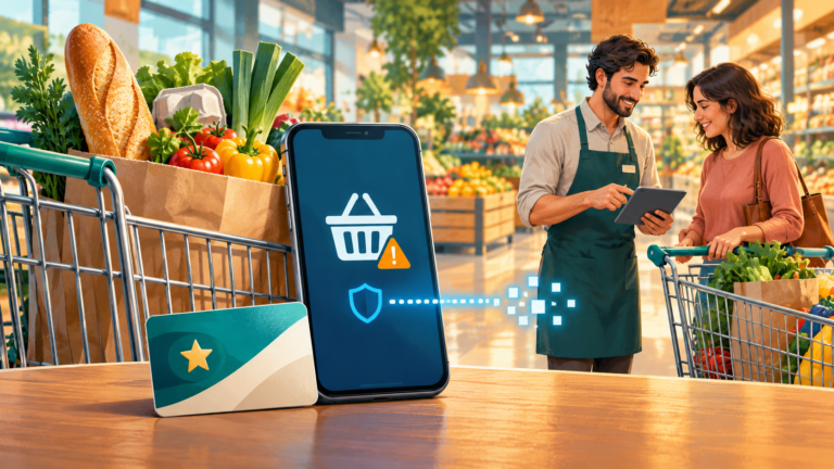 Illustrated supermarket scene with groceries, a loyalty card and a phone showing a shopping warning, while an employee helps a customer.