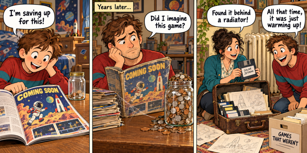 Three-panel comic showing a boy saving for a game, waiting into adulthood, then celebrating its rediscovery beside a radiator.