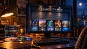 Monitor displaying Legacy Games beneath a closing shutter, surrounded by PC game cases and discs on a warmly lit desk.