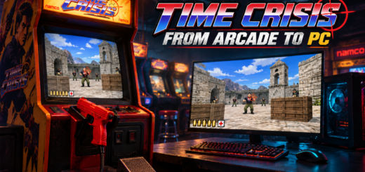 Illustrated Time Crisis arcade cabinet with a red light gun and foot pedal beside a gaming PC, under the heading “From Arcade to PC”.