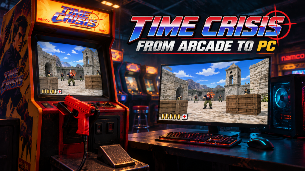 Illustrated Time Crisis arcade cabinet with a red light gun and foot pedal beside a gaming PC, under the heading “From Arcade to PC”.