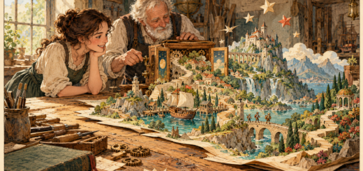 Two craftspeople admire a miniature world unfolding from a wooden cabinet, with castles, sailing ships, waterfalls and winding bridges across their workbench.