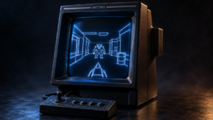 Illustrated Vectrex console and controller, with a DOOM-inspired corridor and monster drawn in glowing blue vector lines.